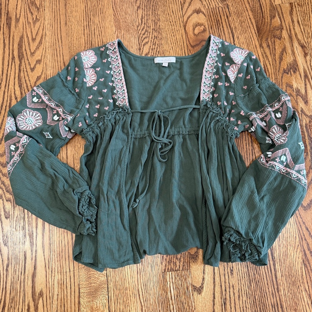 Wonderly Embroidered Crinkle Cotton Tunic Green Floral Balloon Sleeve Tie Boho M